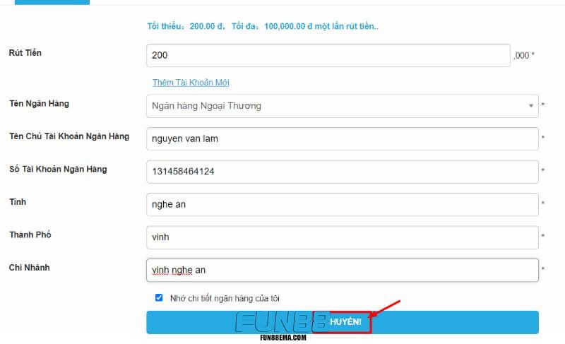 Điền thông tin rút tiền Fun88