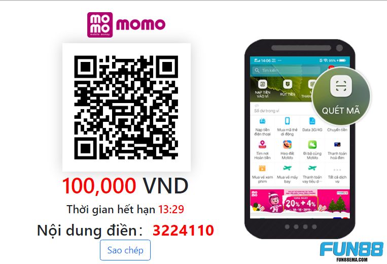 Nạp tiền Fun88 qua Momo Pay