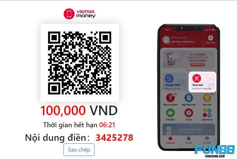 Nạp tiền Fun88 qua Viettel Pay