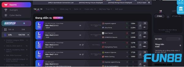 Cá cược Liên Minh Huyền Thoại tại sảnh Fun88 Esports