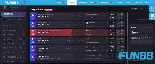 Các kèo cá cược hấp dẫn đang có tại Fun88 Esports